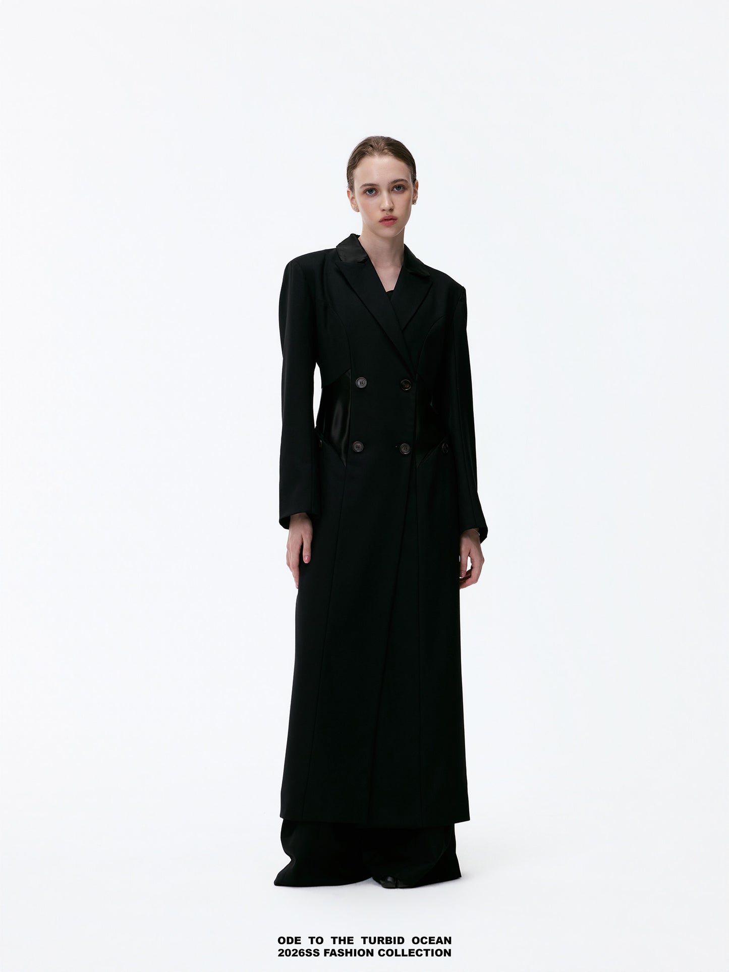 ODE TO THE TURBID OCEAN Extra Long Waist Cinched Blazer Coat, Padded Shoulder Long Coat for Tall Women