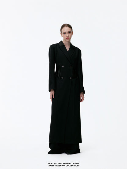ODE TO THE TURBID OCEAN Extra Long Waist Cinched Blazer Coat, Padded Shoulder Long Coat for Tall Women