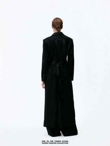ODE TO THE TURBID OCEAN Extra Long Waist Cinched Blazer Coat, Padded Shoulder Long Coat for Tall Women