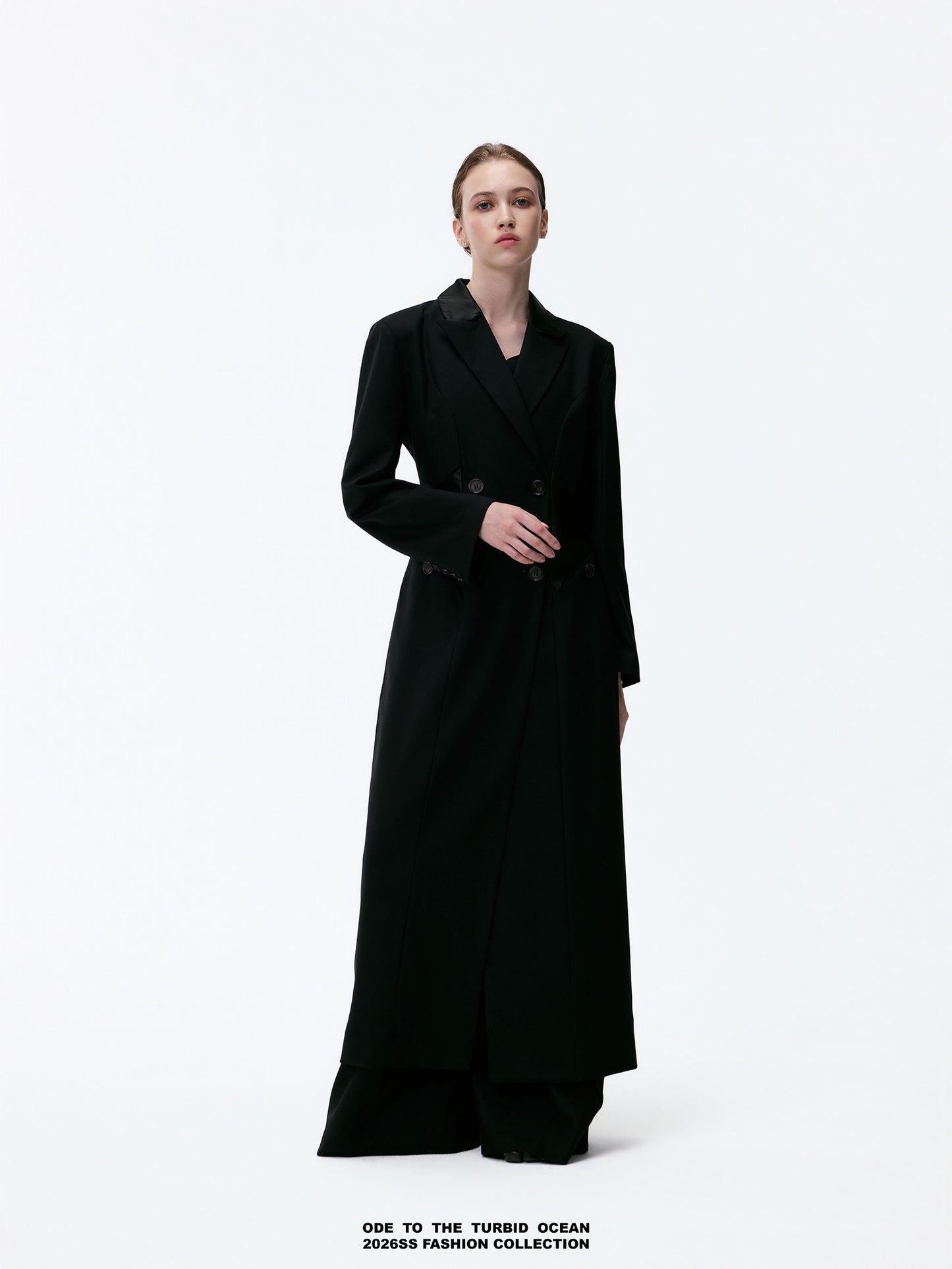 ODE TO THE TURBID OCEAN Extra Long Waist Cinched Blazer Coat, Padded Shoulder Long Coat for Tall Women