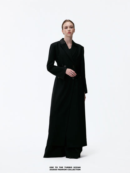 ODE TO THE TURBID OCEAN Extra Long Waist Cinched Blazer Coat, Padded Shoulder Long Coat for Tall Women