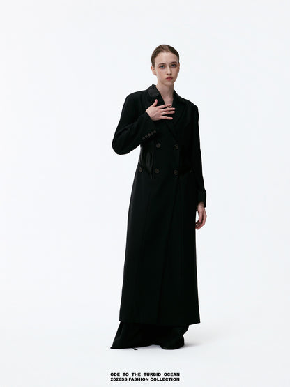 ODE TO THE TURBID OCEAN Extra Long Waist Cinched Blazer Coat, Padded Shoulder Long Coat for Tall Women