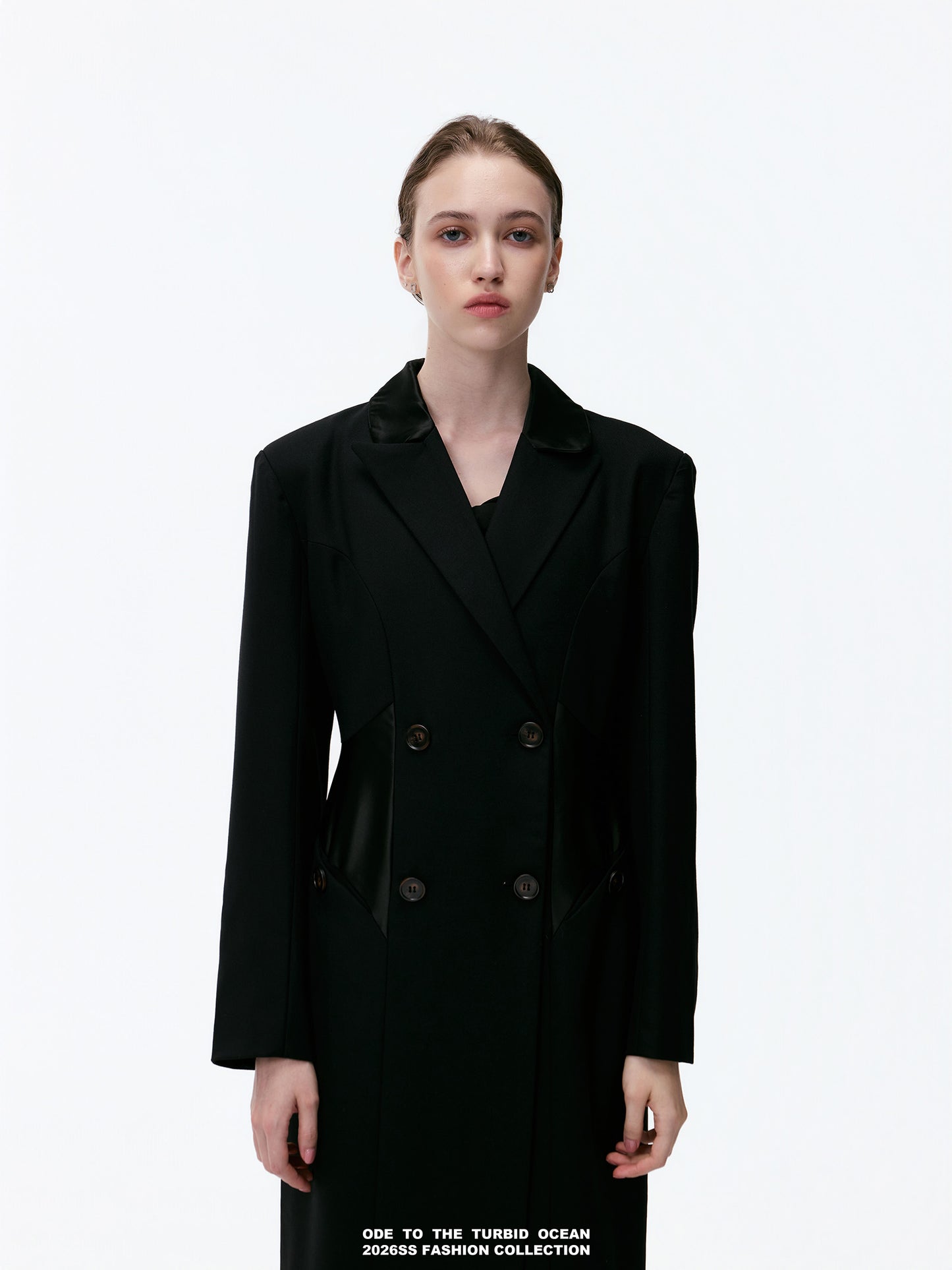 ODE TO THE TURBID OCEAN Extra Long Waist Cinched Blazer Coat, Padded Shoulder Long Coat for Tall Women