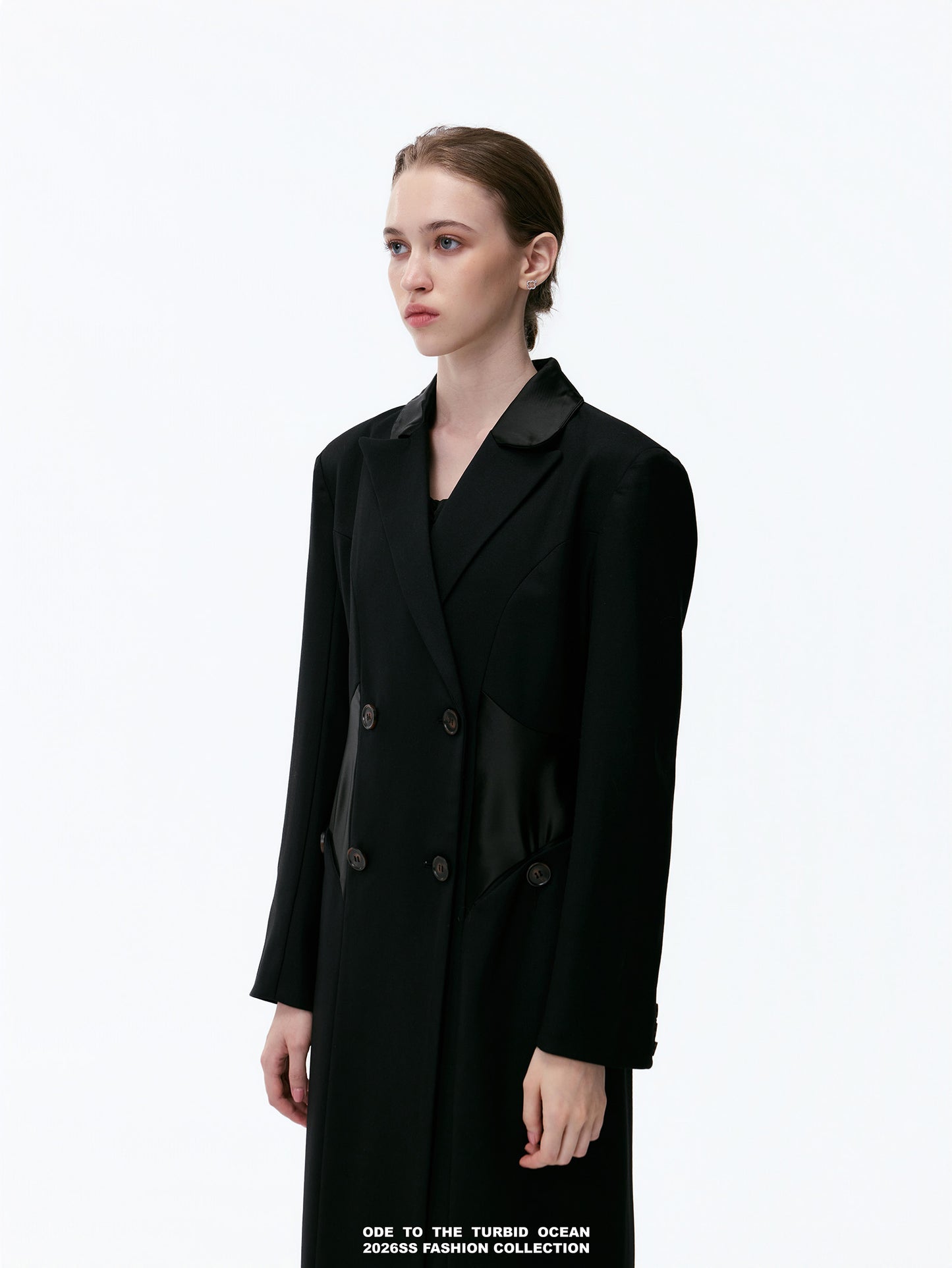 ODE TO THE TURBID OCEAN Extra Long Waist Cinched Blazer Coat, Padded Shoulder Long Coat for Tall Women