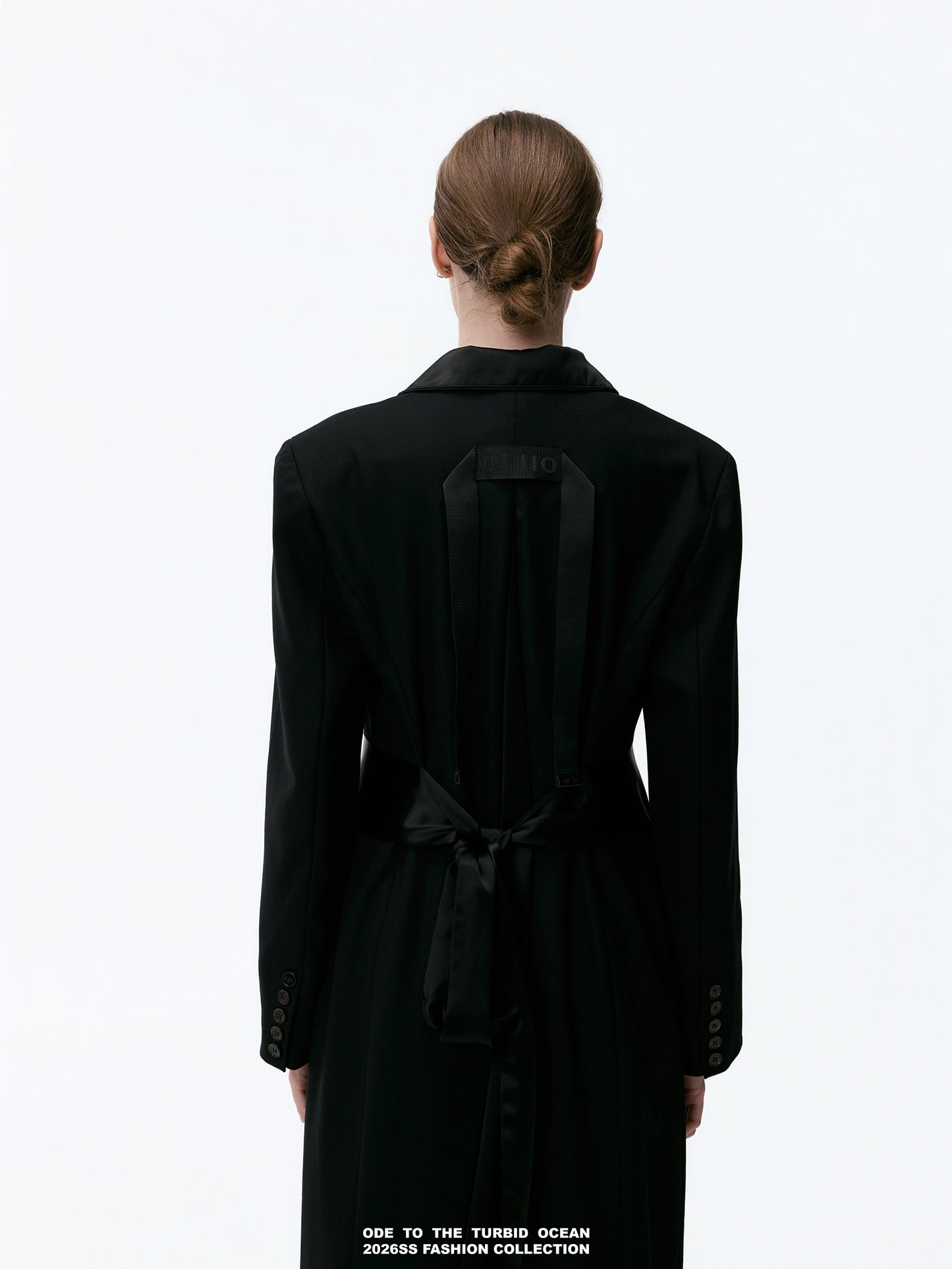 ODE TO THE TURBID OCEAN Extra Long Waist Cinched Blazer Coat, Padded Shoulder Long Coat for Tall Women