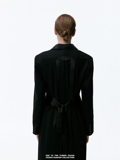 ODE TO THE TURBID OCEAN Extra Long Waist Cinched Blazer Coat, Padded Shoulder Long Coat for Tall Women