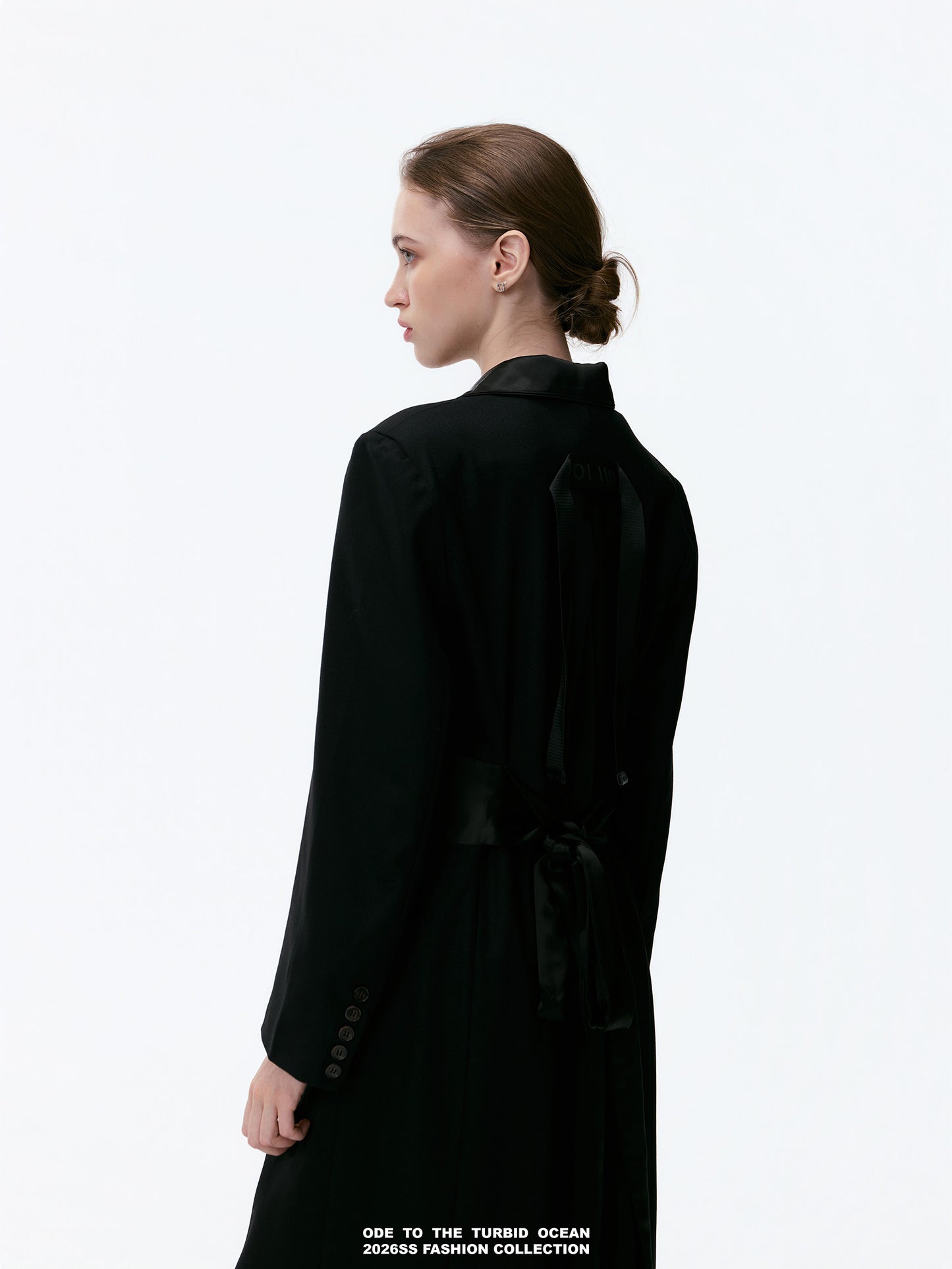 ODE TO THE TURBID OCEAN Extra Long Waist Cinched Blazer Coat, Padded Shoulder Long Coat for Tall Women