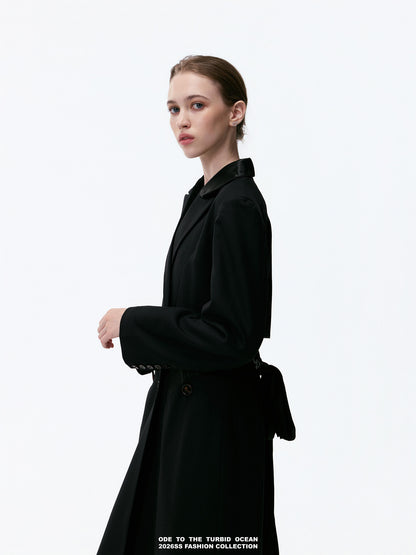 ODE TO THE TURBID OCEAN Extra Long Waist Cinched Blazer Coat, Padded Shoulder Long Coat for Tall Women