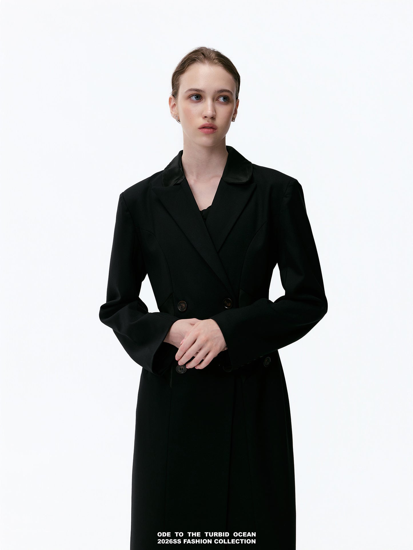 ODE TO THE TURBID OCEAN Extra Long Waist Cinched Blazer Coat, Padded Shoulder Long Coat for Tall Women