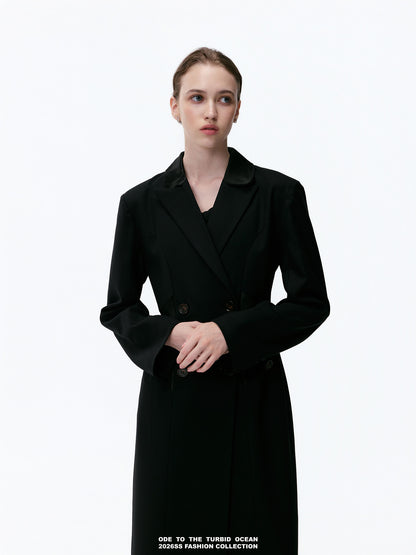 ODE TO THE TURBID OCEAN Extra Long Waist Cinched Blazer Coat, Padded Shoulder Long Coat for Tall Women