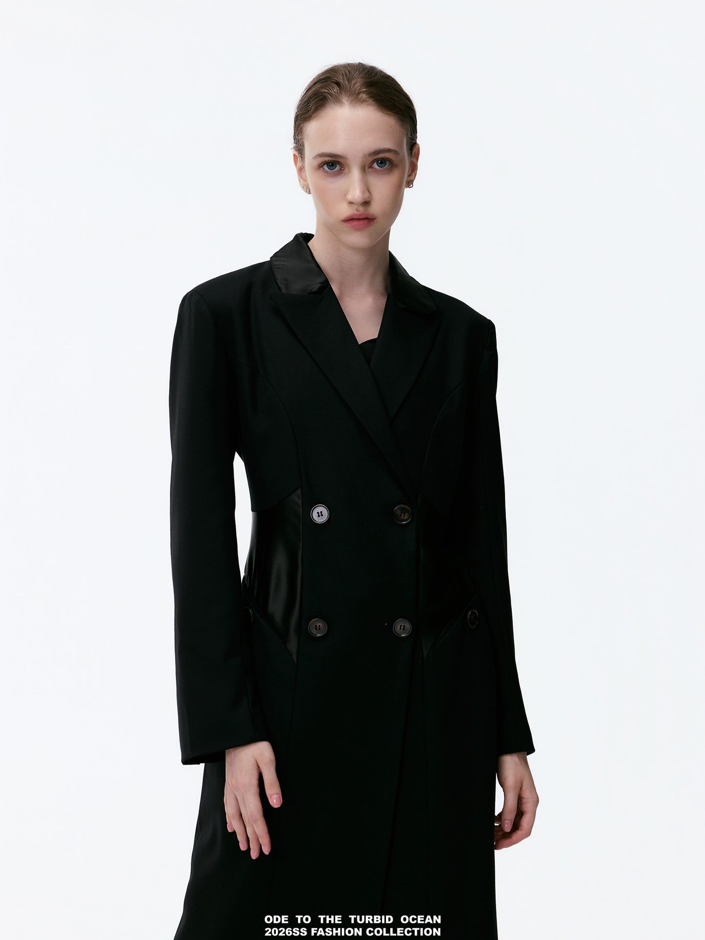 ODE TO THE TURBID OCEAN Extra Long Waist Cinched Blazer Coat, Padded Shoulder Long Coat for Tall Women