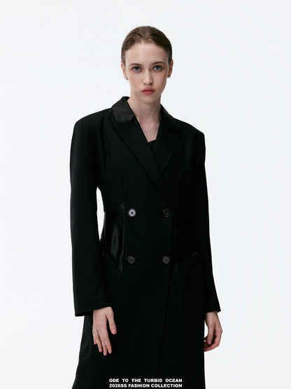 ODE TO THE TURBID OCEAN Extra Long Waist Cinched Blazer Coat, Padded Shoulder Long Coat for Tall Women