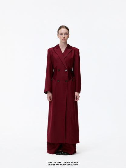 ODE TO THE TURBID OCEAN Extra Long Waist Cinched Blazer Coat, Padded Shoulder Long Coat for Tall Women