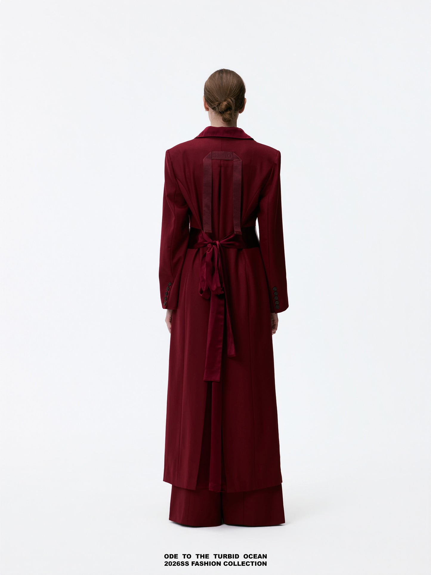 ODE TO THE TURBID OCEAN Extra Long Waist Cinched Blazer Coat, Padded Shoulder Long Coat for Tall Women