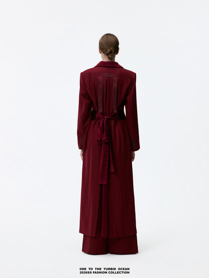 ODE TO THE TURBID OCEAN Extra Long Waist Cinched Blazer Coat, Padded Shoulder Long Coat for Tall Women