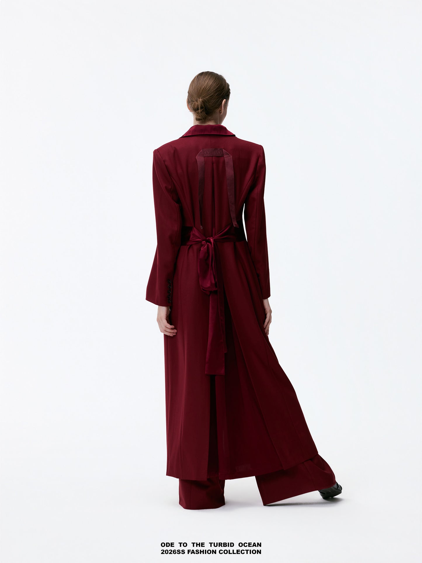 ODE TO THE TURBID OCEAN Extra Long Waist Cinched Blazer Coat, Padded Shoulder Long Coat for Tall Women