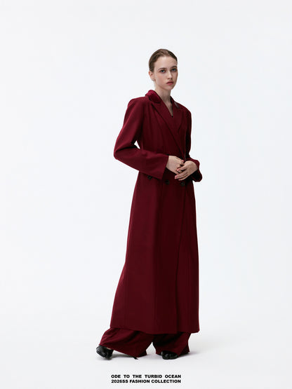 ODE TO THE TURBID OCEAN Extra Long Waist Cinched Blazer Coat, Padded Shoulder Long Coat for Tall Women