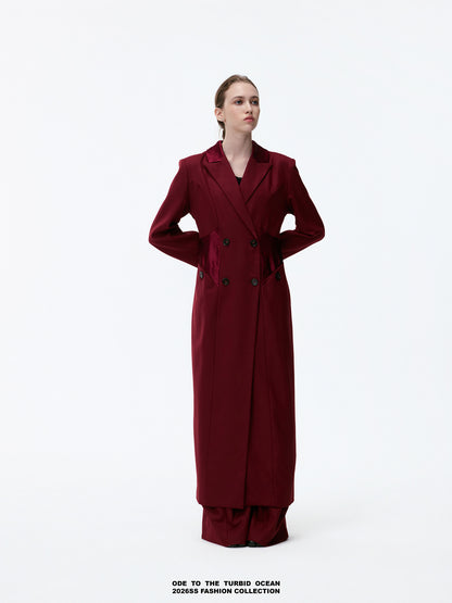 ODE TO THE TURBID OCEAN Extra Long Waist Cinched Blazer Coat, Padded Shoulder Long Coat for Tall Women