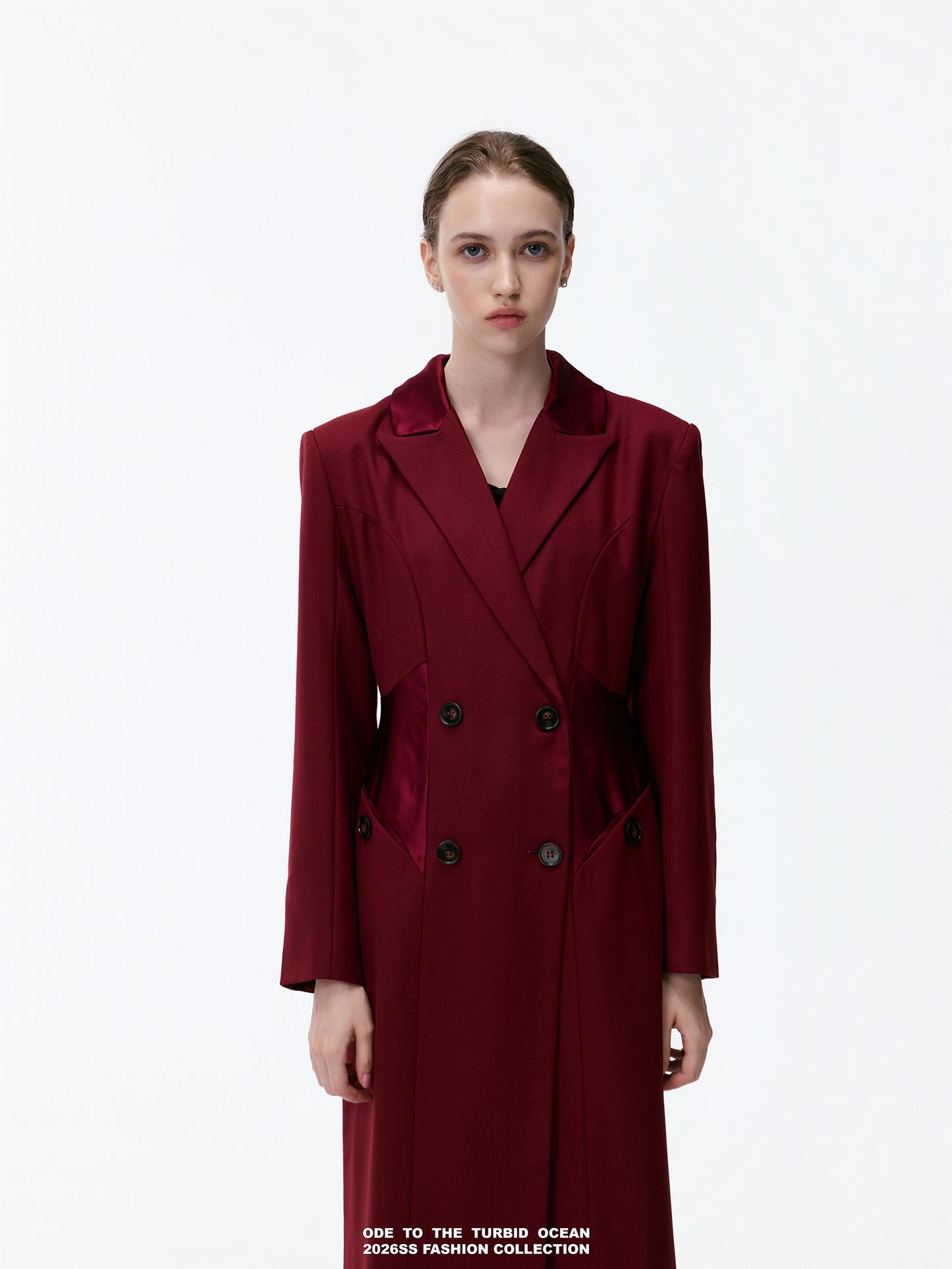 ODE TO THE TURBID OCEAN Extra Long Waist Cinched Blazer Coat, Padded Shoulder Long Coat for Tall Women