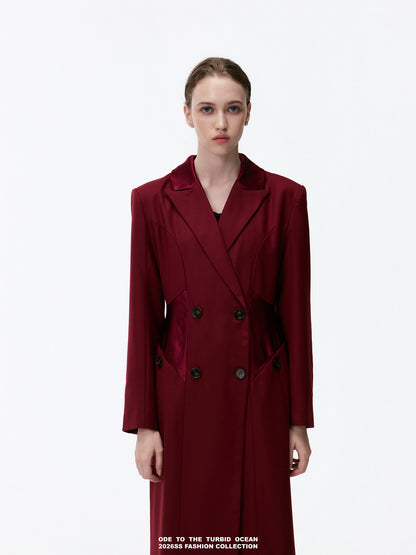 ODE TO THE TURBID OCEAN Extra Long Waist Cinched Blazer Coat, Padded Shoulder Long Coat for Tall Women