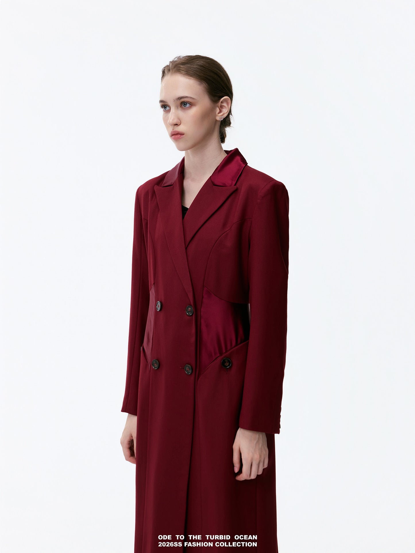 ODE TO THE TURBID OCEAN Extra Long Waist Cinched Blazer Coat, Padded Shoulder Long Coat for Tall Women