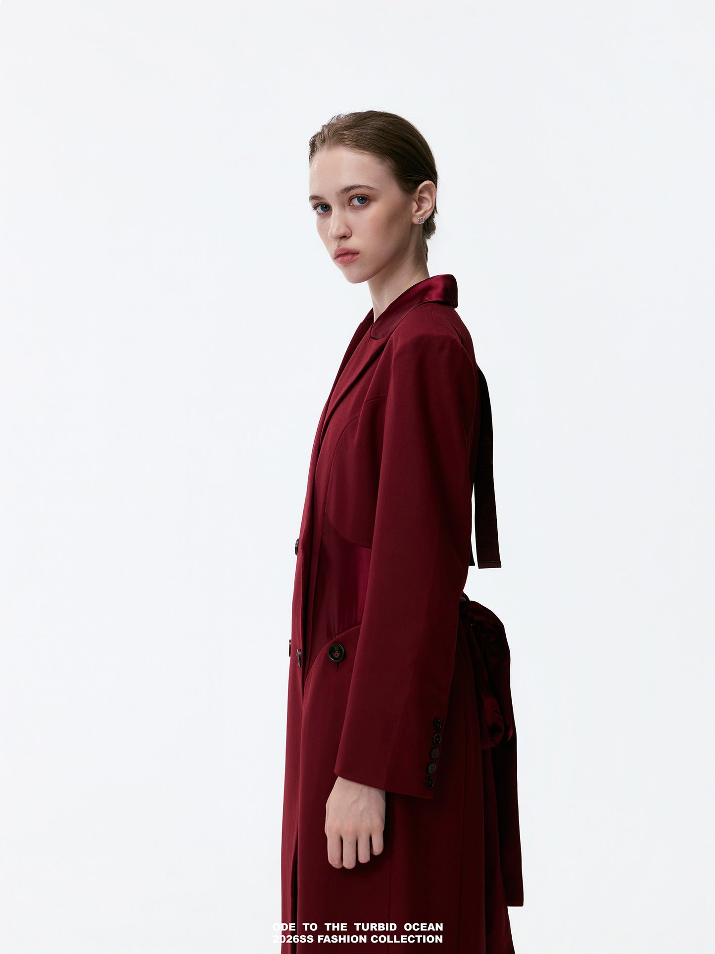 ODE TO THE TURBID OCEAN Extra Long Waist Cinched Blazer Coat, Padded Shoulder Long Coat for Tall Women