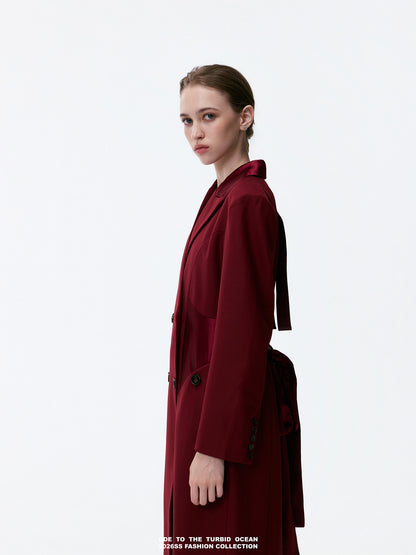 ODE TO THE TURBID OCEAN Extra Long Waist Cinched Blazer Coat, Padded Shoulder Long Coat for Tall Women