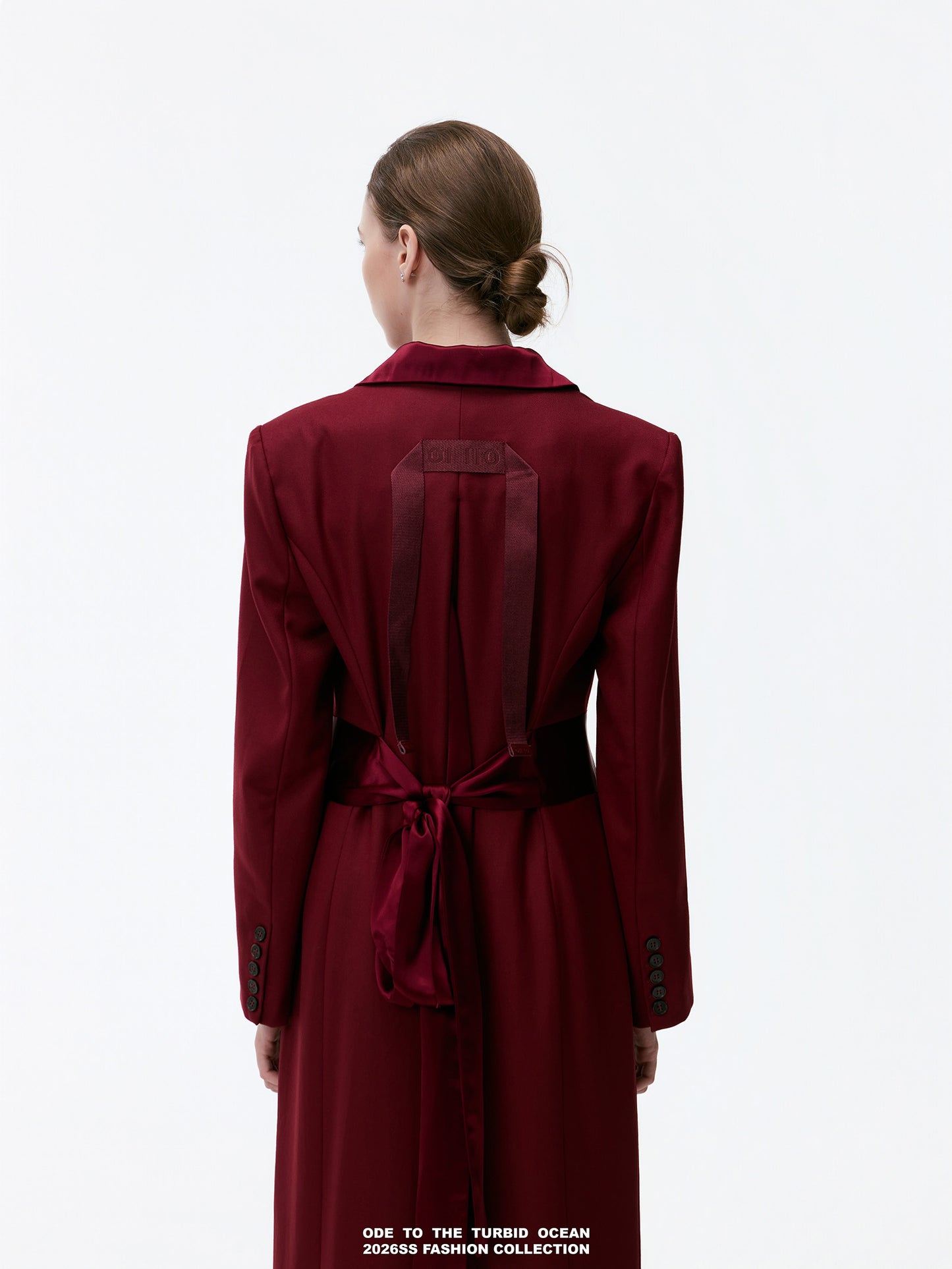 ODE TO THE TURBID OCEAN Extra Long Waist Cinched Blazer Coat, Padded Shoulder Long Coat for Tall Women