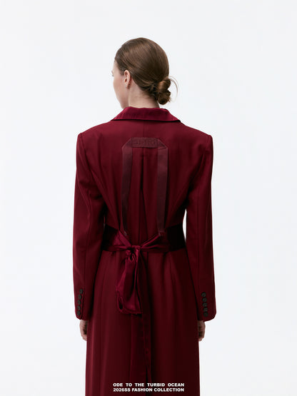 ODE TO THE TURBID OCEAN Extra Long Waist Cinched Blazer Coat, Padded Shoulder Long Coat for Tall Women