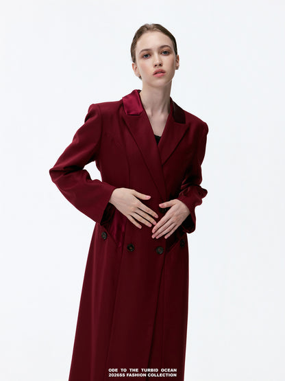 ODE TO THE TURBID OCEAN Extra Long Waist Cinched Blazer Coat, Padded Shoulder Long Coat for Tall Women