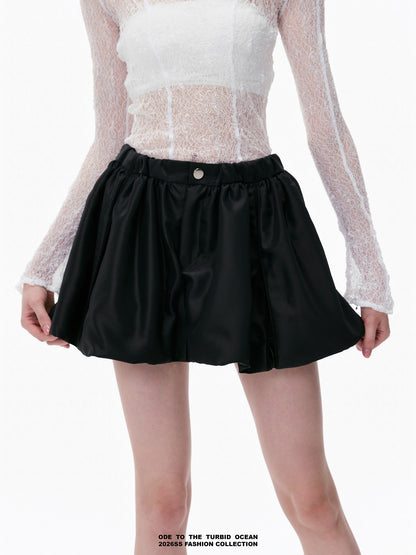 ODE TO THE TURBID OCEAN Acetate Satin Pleated Skirt, Combed Cotton Edge Loose Elastic Short Skirt