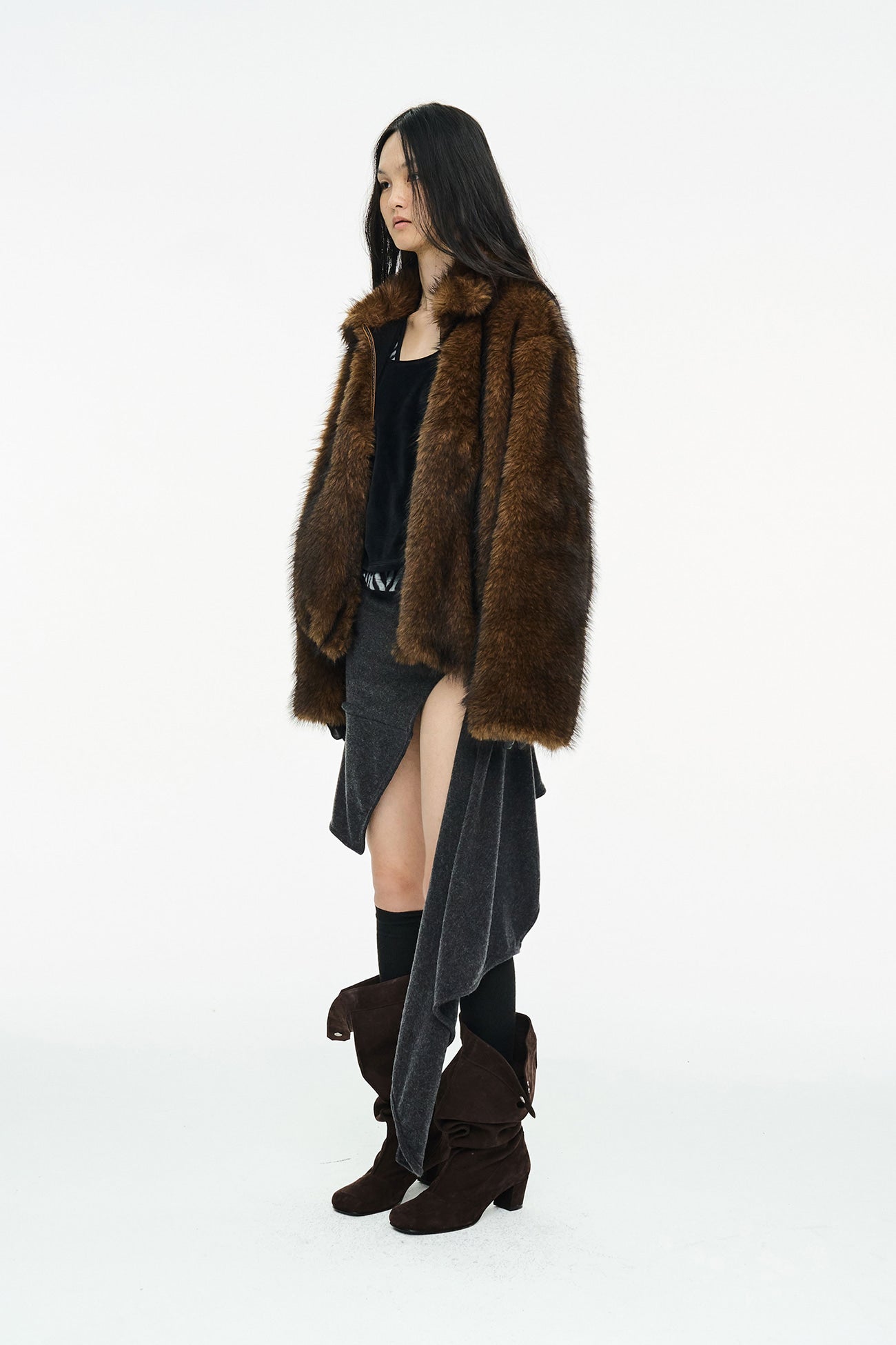 BRUSHED FUR JACKET / BROWN