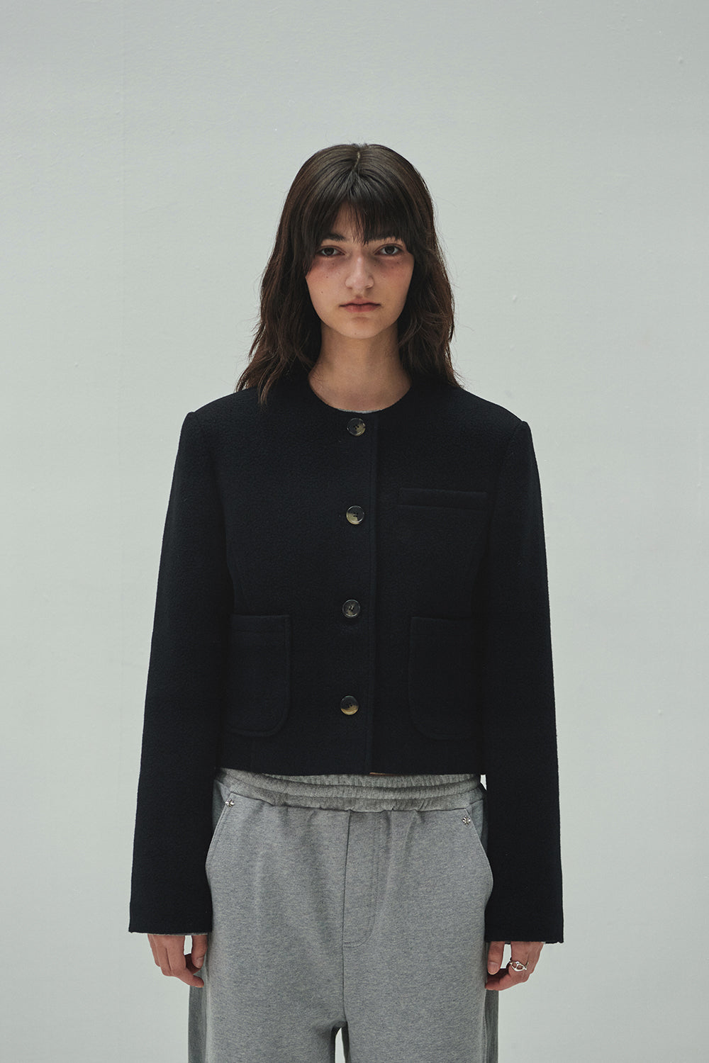 WOOLLY NO COLLAR JACKET BLACK