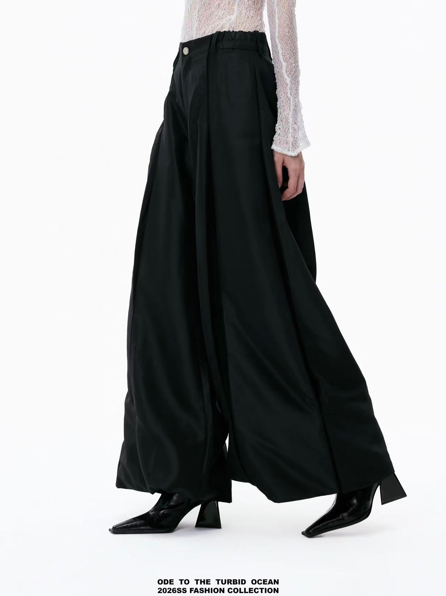 ODE TO THE TURBID OCEAN Cotton & Acetate Satin Pleated Spliced Wide-Leg Pants with Full Lining
