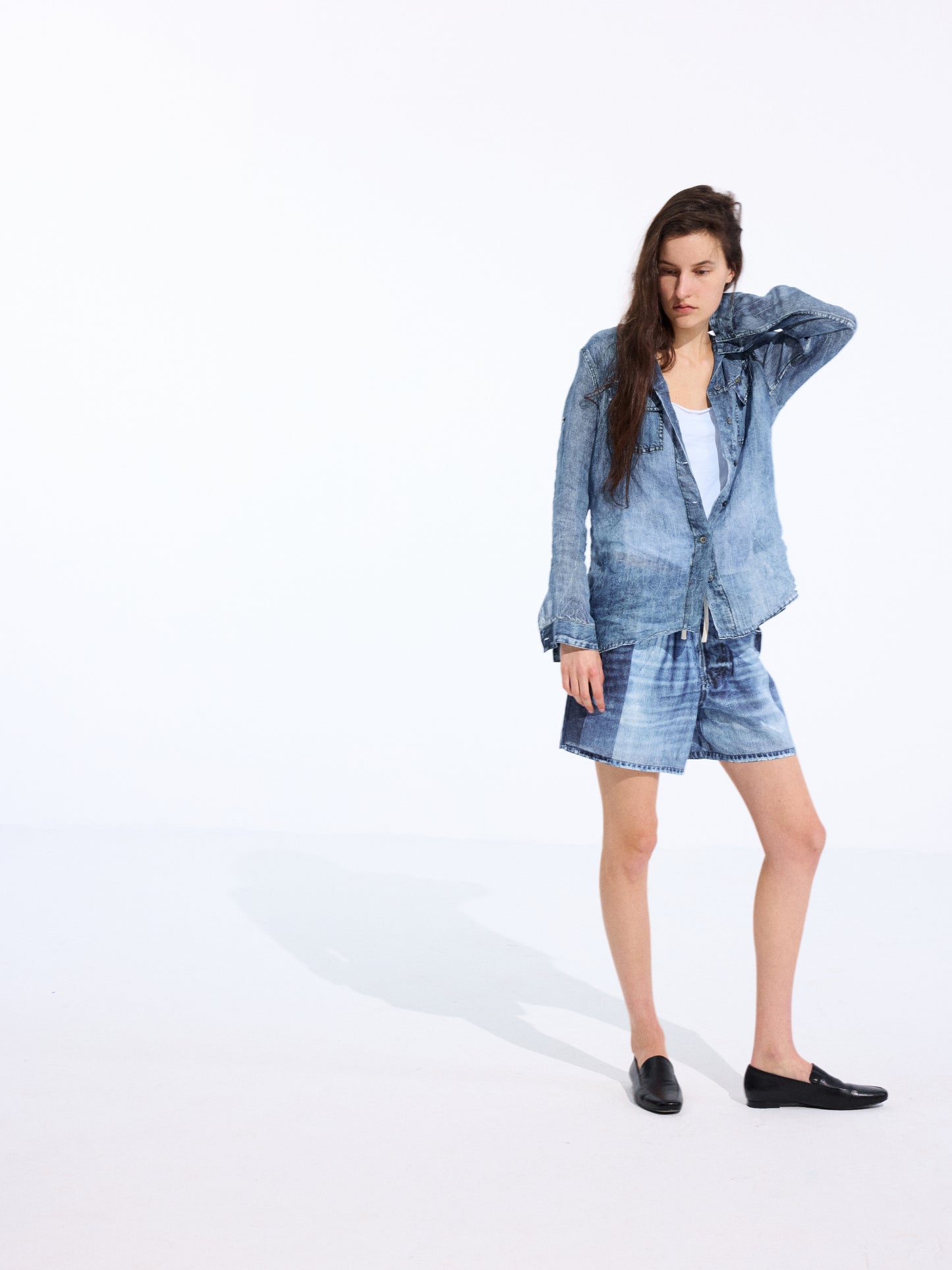 Longline Denim-Print Ramie Shirt