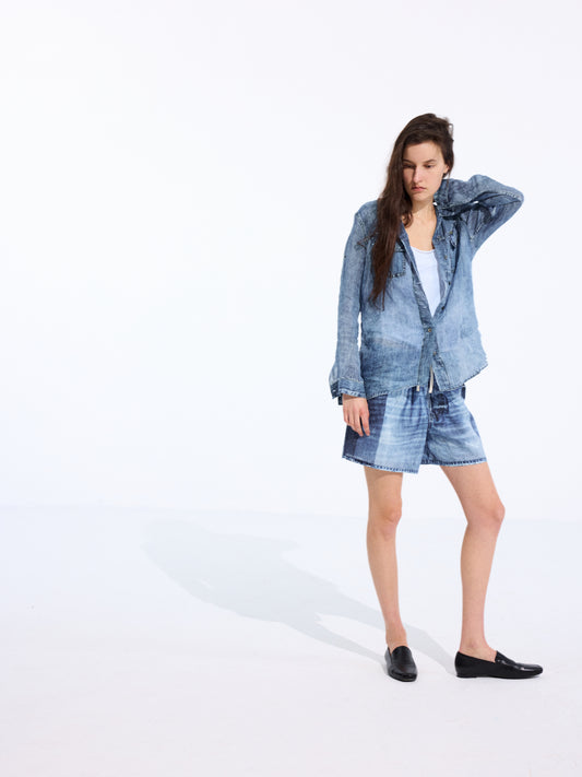 Longline Denim-Print Ramie Shirt