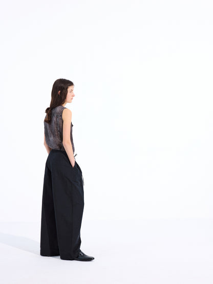 Bicolor-Belted Cotton Wide-Leg Pants