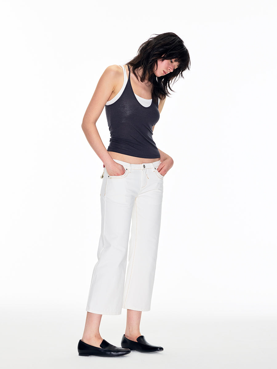 V-NECK LOW WAIST LONG LEG CROPPED JEANS