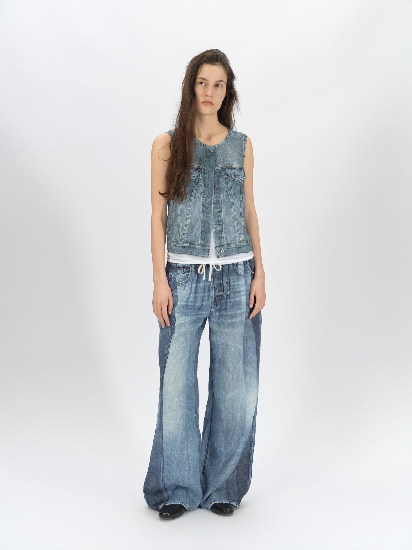 Denim-Print Ramie Tank (Cropped)