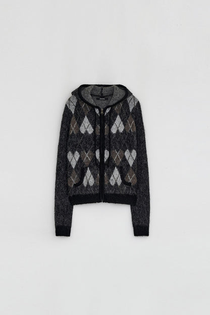 HEART ARGYLE JACQUARD HOOD ZIP UP