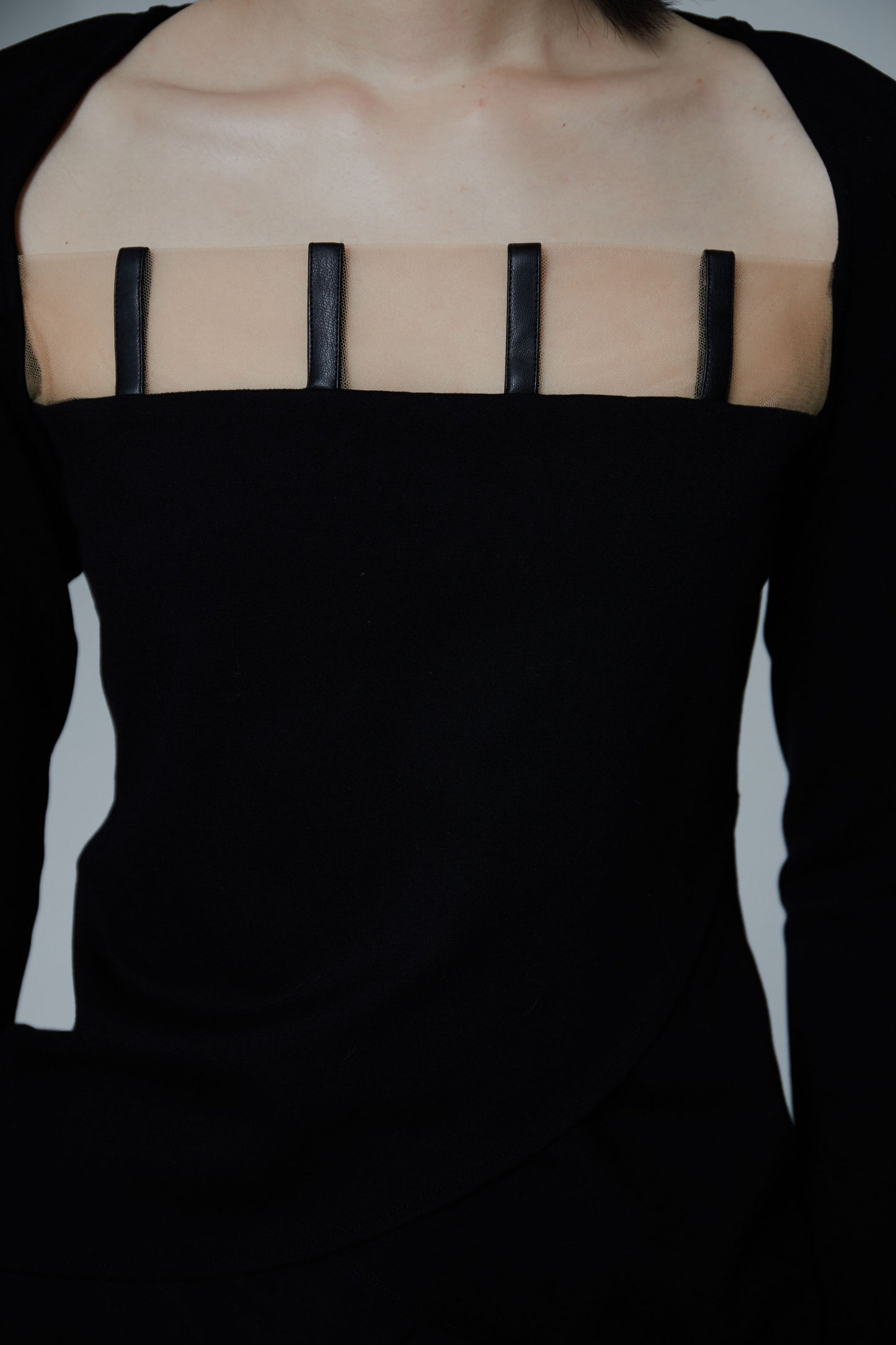 Black Roman Knit Fabric Splice Nude Sheer Top