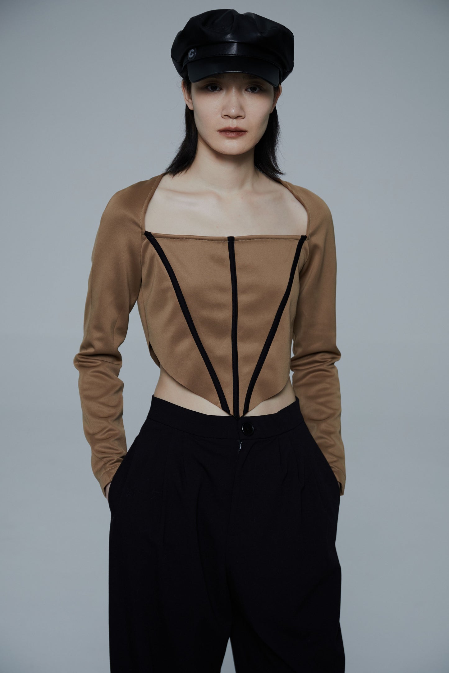 Air Layer Khaki Splice Black Knit Top-Pre-order