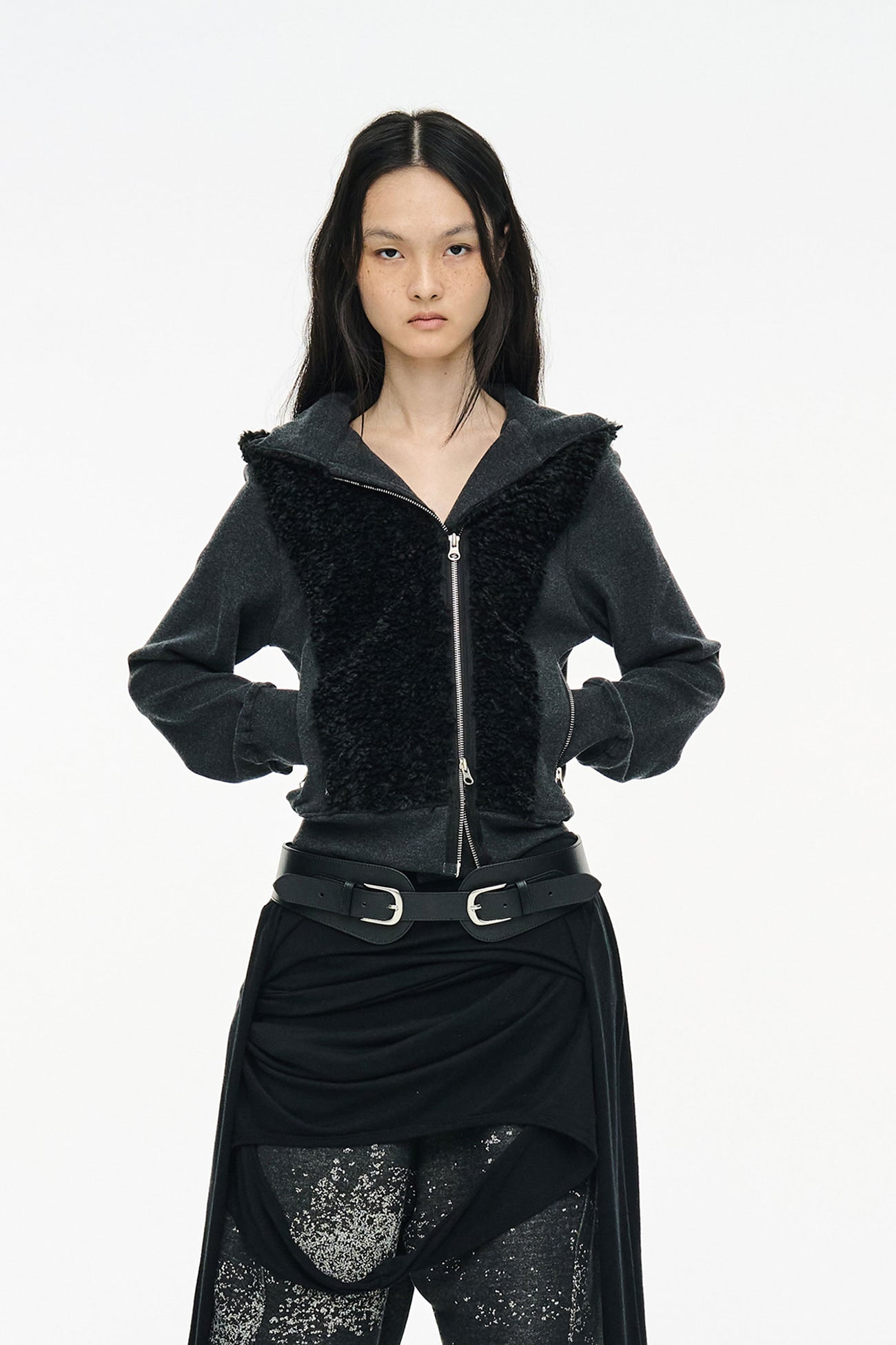 FUZZY FLEECE HOOD ZIP UP / BLACK