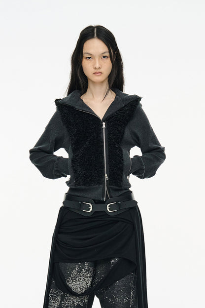 FUZZY FLEECE HOOD ZIP UP / BLACK