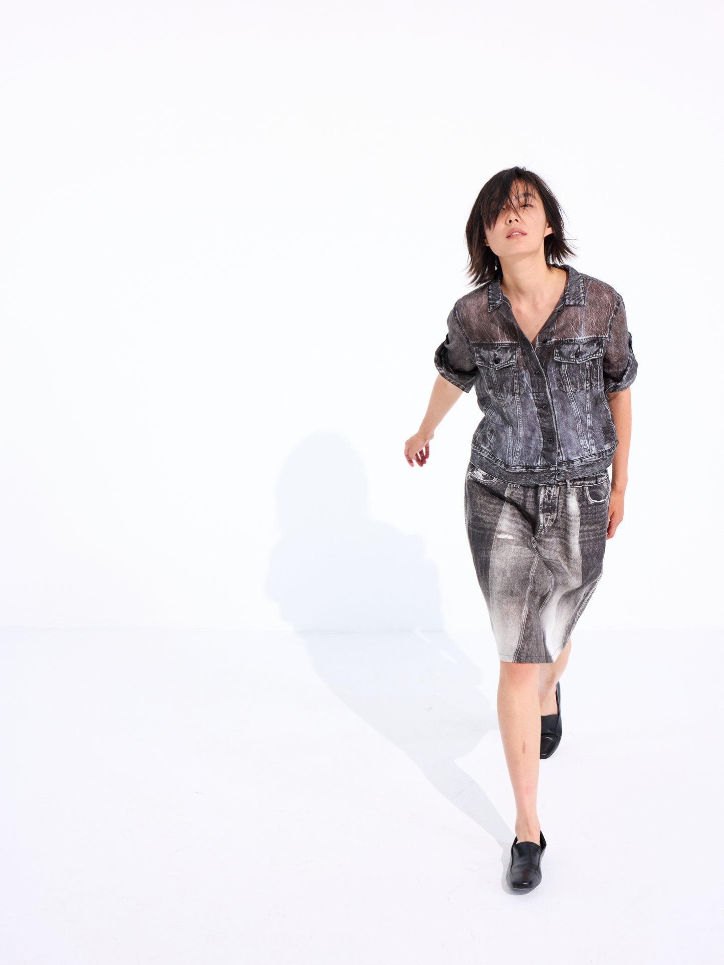 Denim-Print Ramie Midi Skirt
