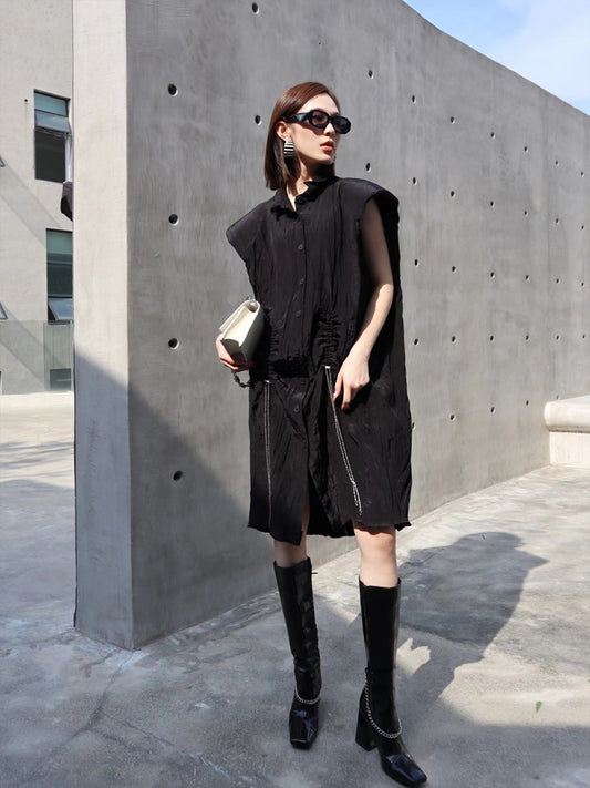 Chain Pleated Wide Shoulder Vinegar Wrinkle Vest Dress