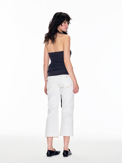 V-NECK LOW WAIST LONG LEG CROPPED JEANS