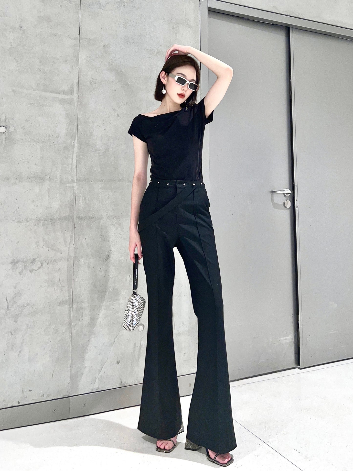 Silver Bead Embellished Waist Wide-Leg Pants