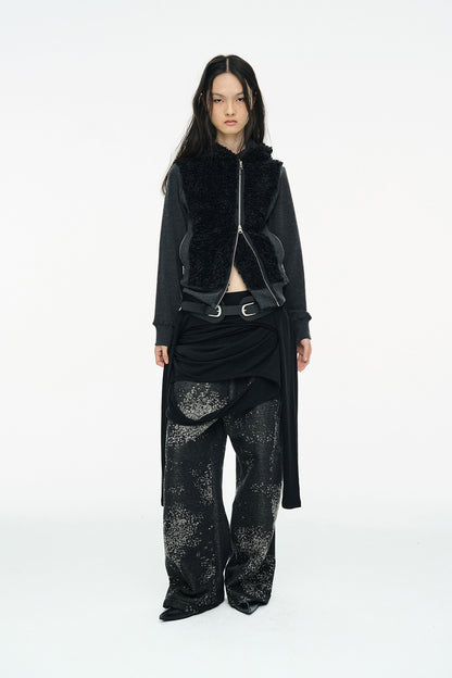 FUZZY FLEECE HOOD ZIP UP / BLACK