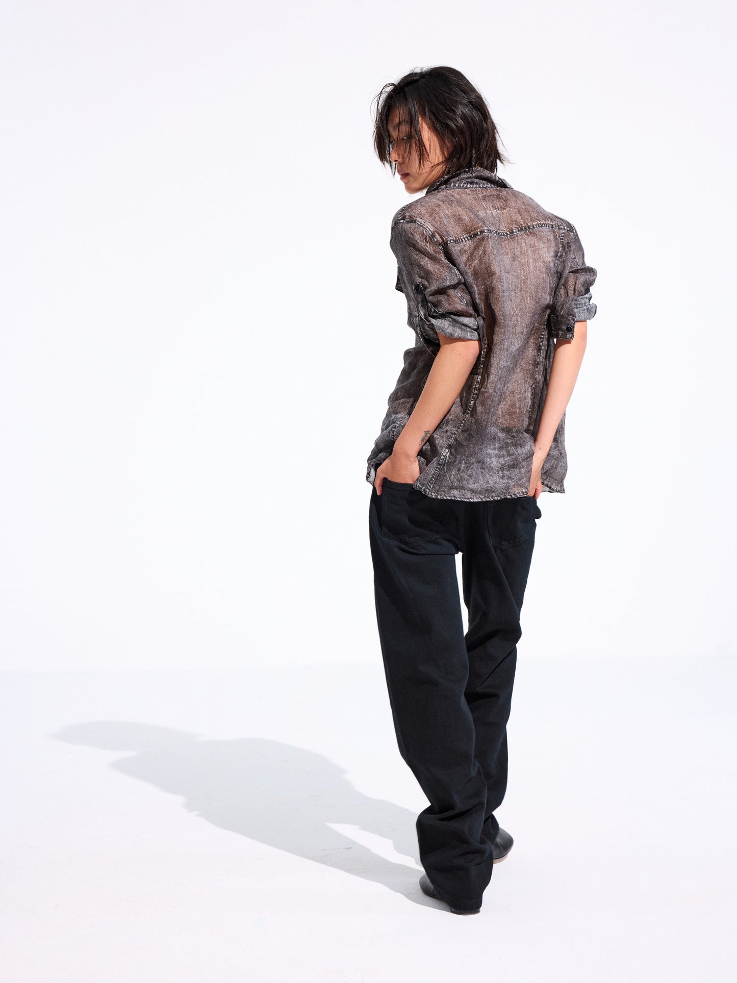 Longline Denim-Print Ramie Shirt